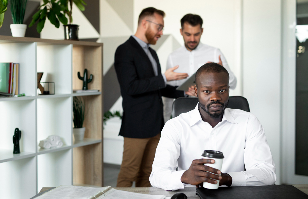 Employee seated at a desk while two colleagues discuss workplace communication